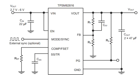 アプリケーション回路図 - Texas Instruments TPSM82816 DC/DCパワーモジュール